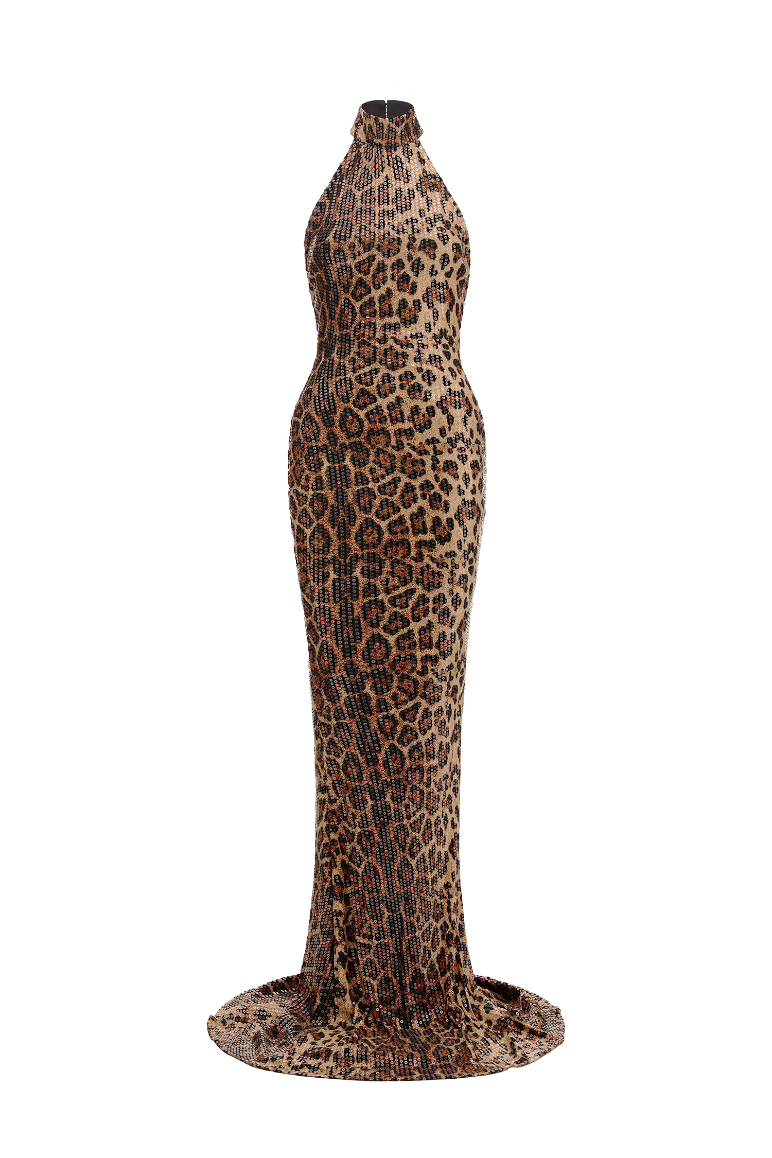 Myka Glamorous Contour Halter Leopard Print Sequin Maxi Dress