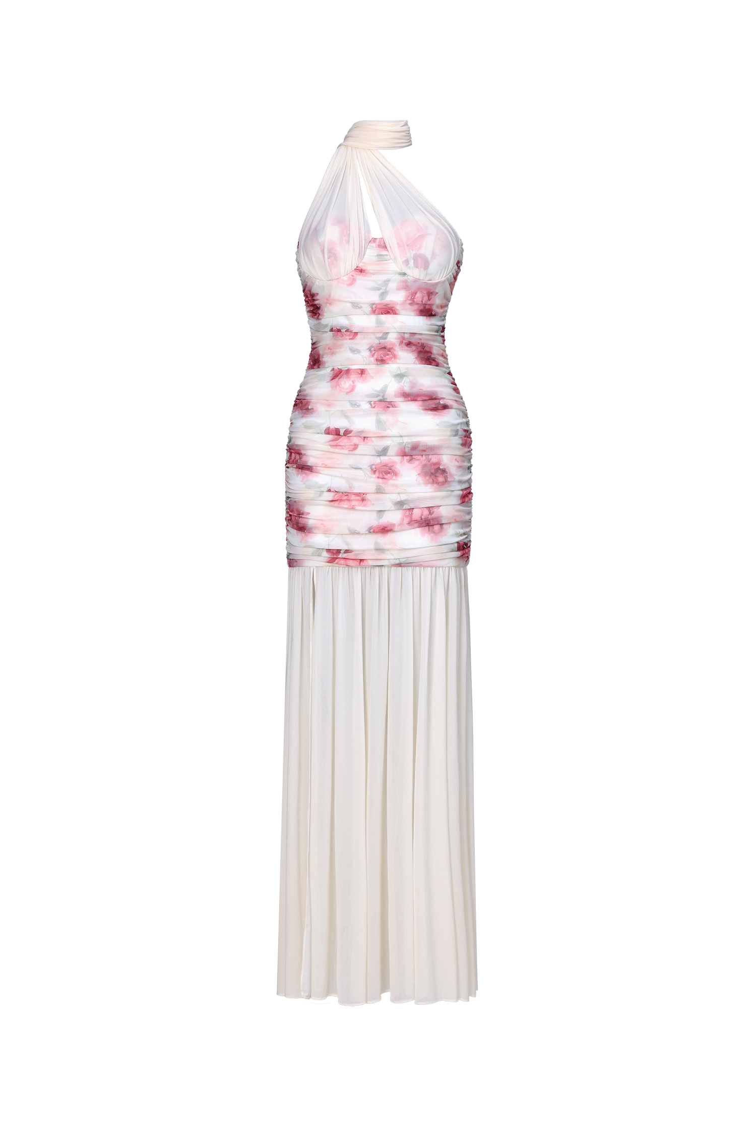 Margarete Romantic Contour Halter Ruched Floral Print Mesh Maxi Dress