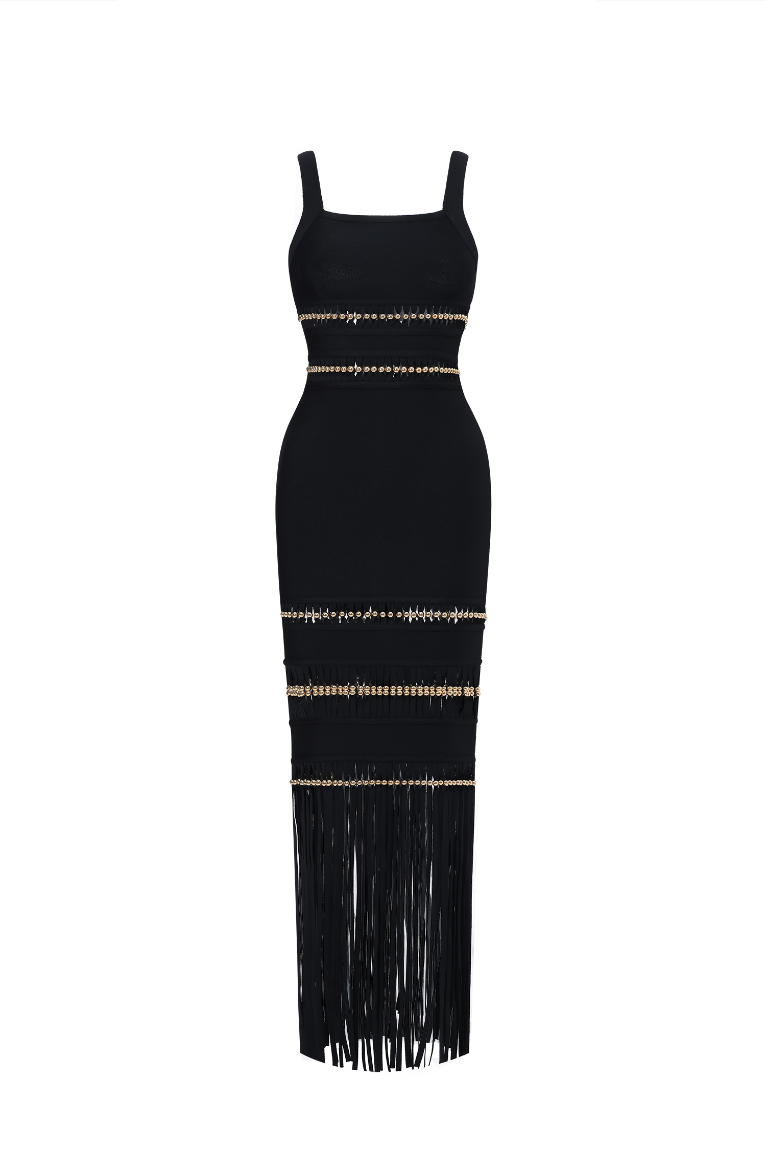 Shanley Chic Contour Sleeveless Beaded Fringe Black Bandage Maxi Dress