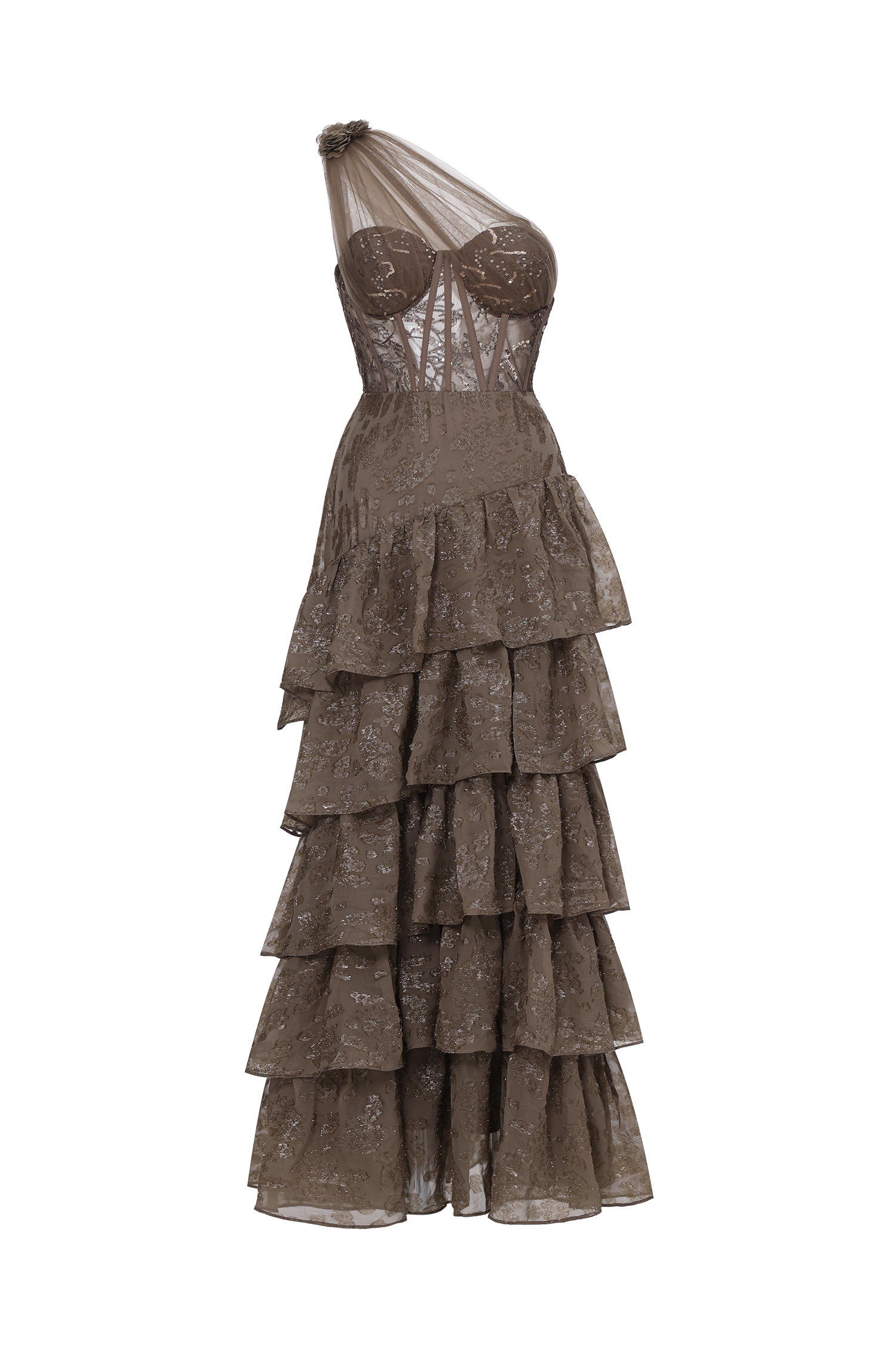 Hedar Romantic Tailored One Shoulder Cut Out Ruffle Embellished Sequin Maxi Dress