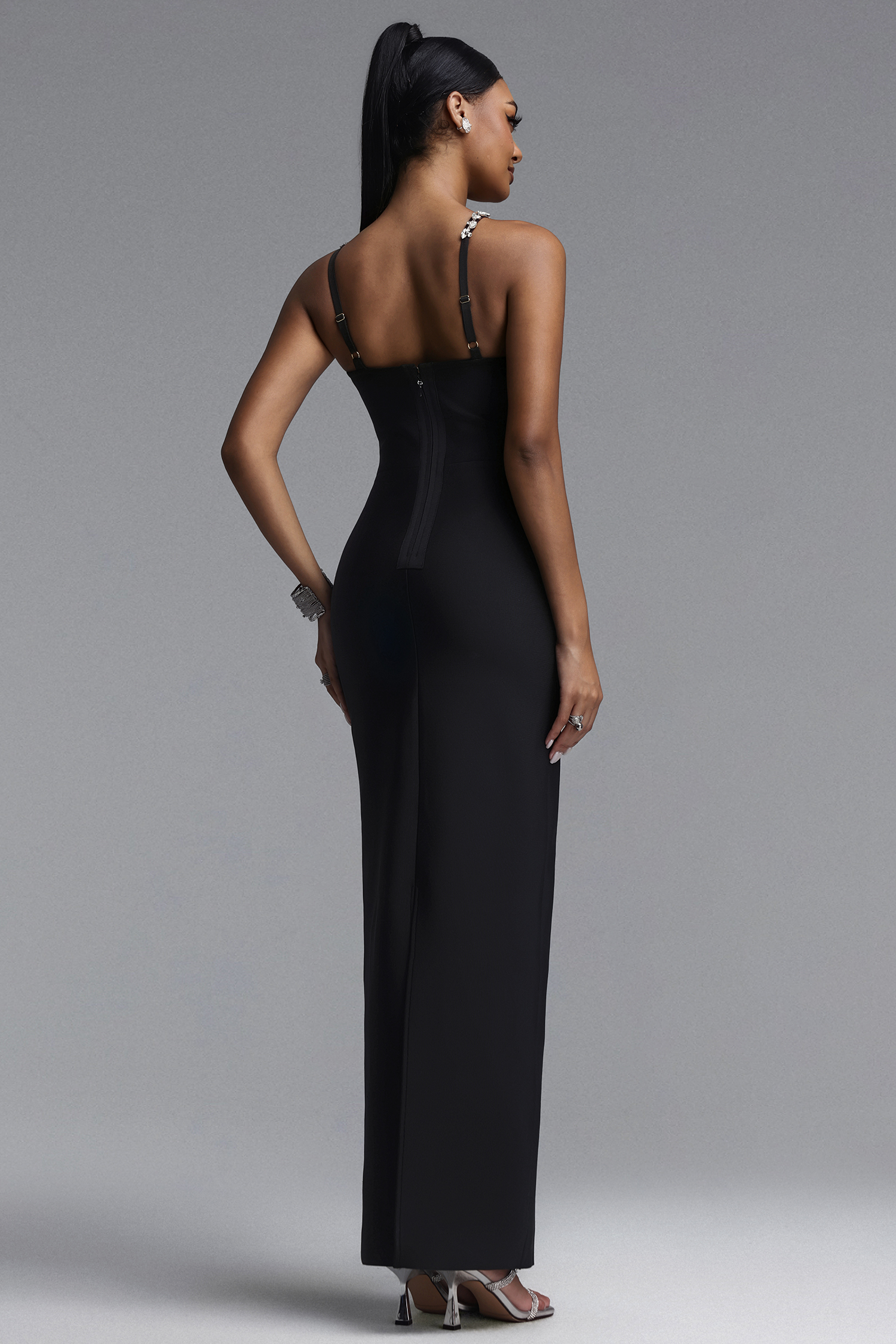 Veronic Glamorous Contour Halter Cut Out Rhinestone Floral Black Bandage Maxi Dress