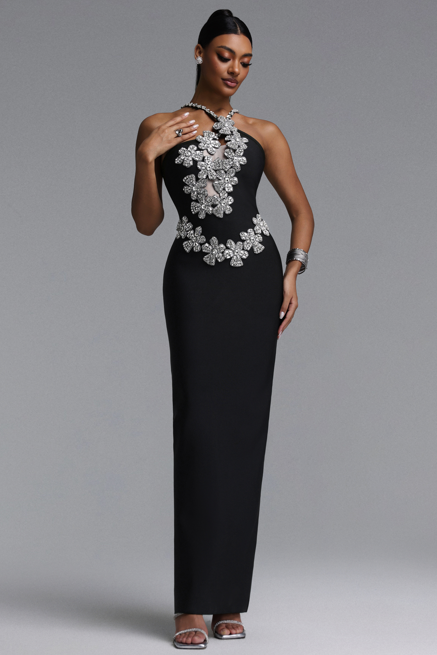 Veronic Glamorous Contour Halter Cut Out Rhinestone Floral Black Bandage Maxi Dress