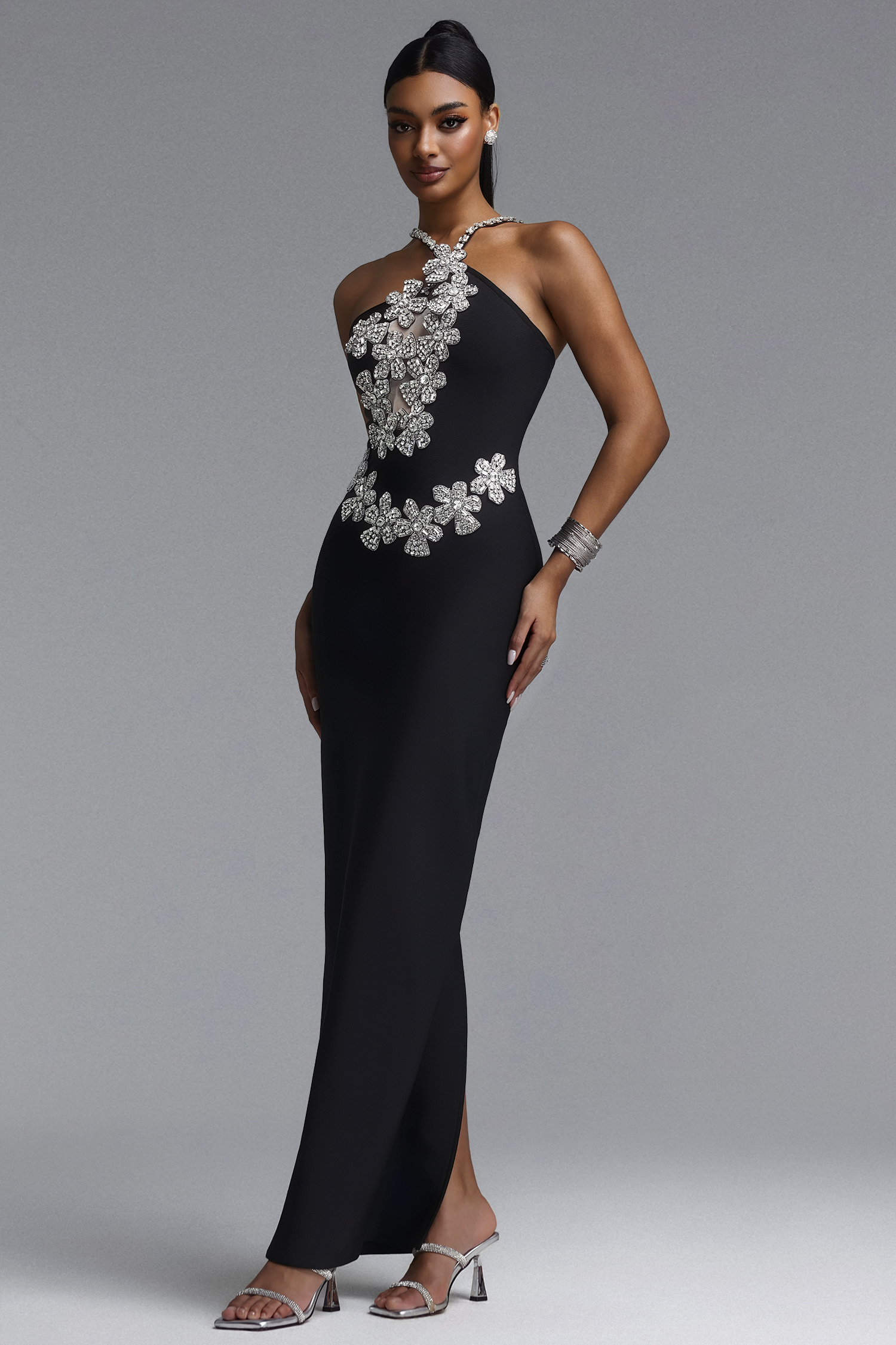 Veronic Glamorous Contour Halter Cut Out Rhinestone Floral Black Bandage Maxi Dress