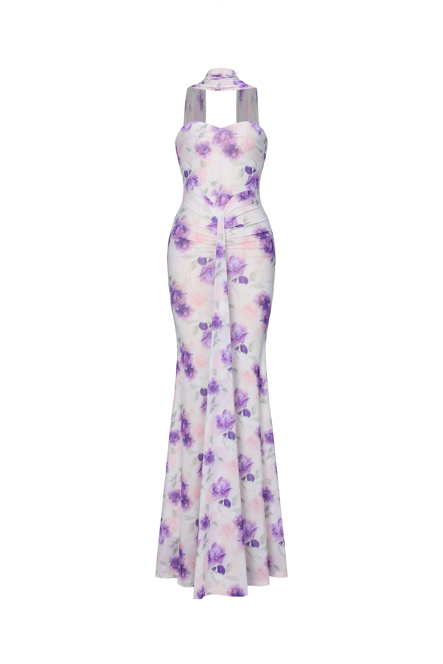 Olivia Romantic Contour Strapless Scarf Ruched Floral Print Mesh Maxi Dress
