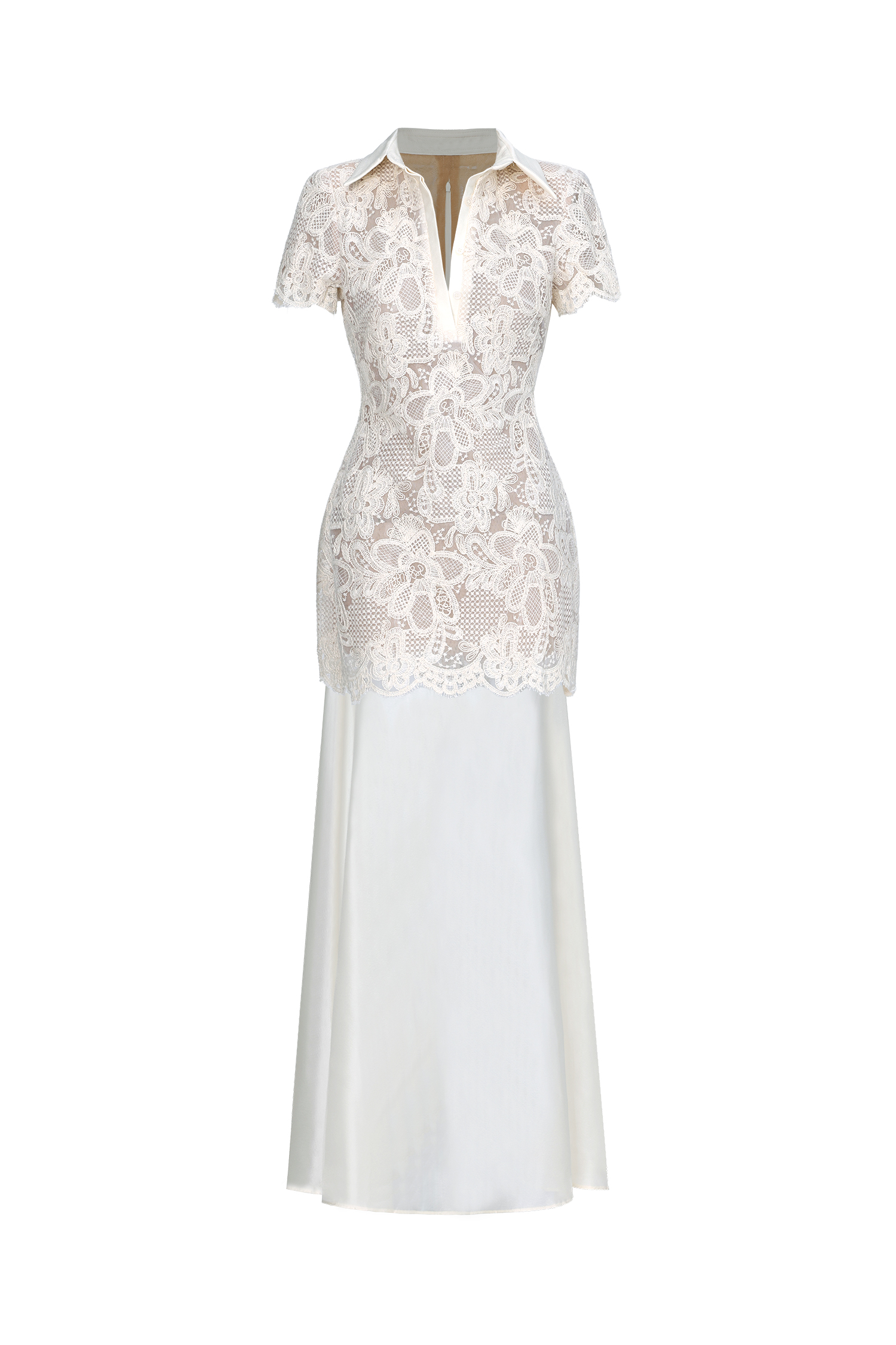 Locia Elegant Contour Buttoned Short Sleeve Lace Top and Satin Skirt