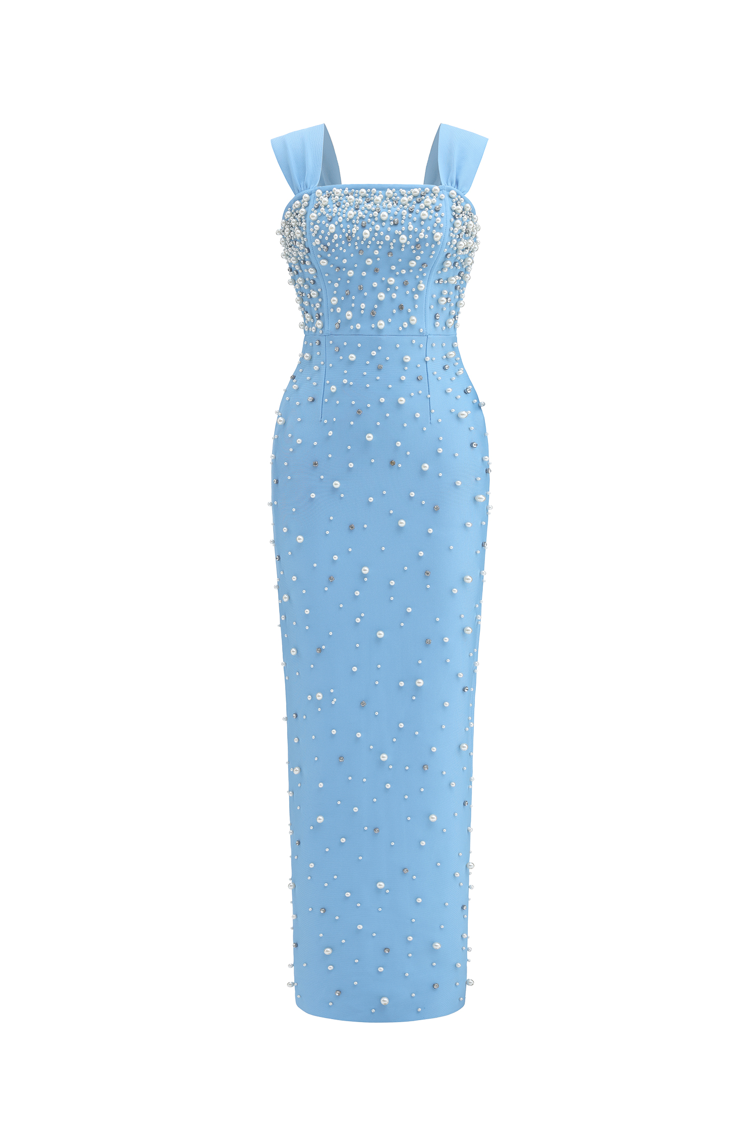 Vafa Glamorous Contour Square Neck Pearl Rhinestone Bandage Maxi Dress