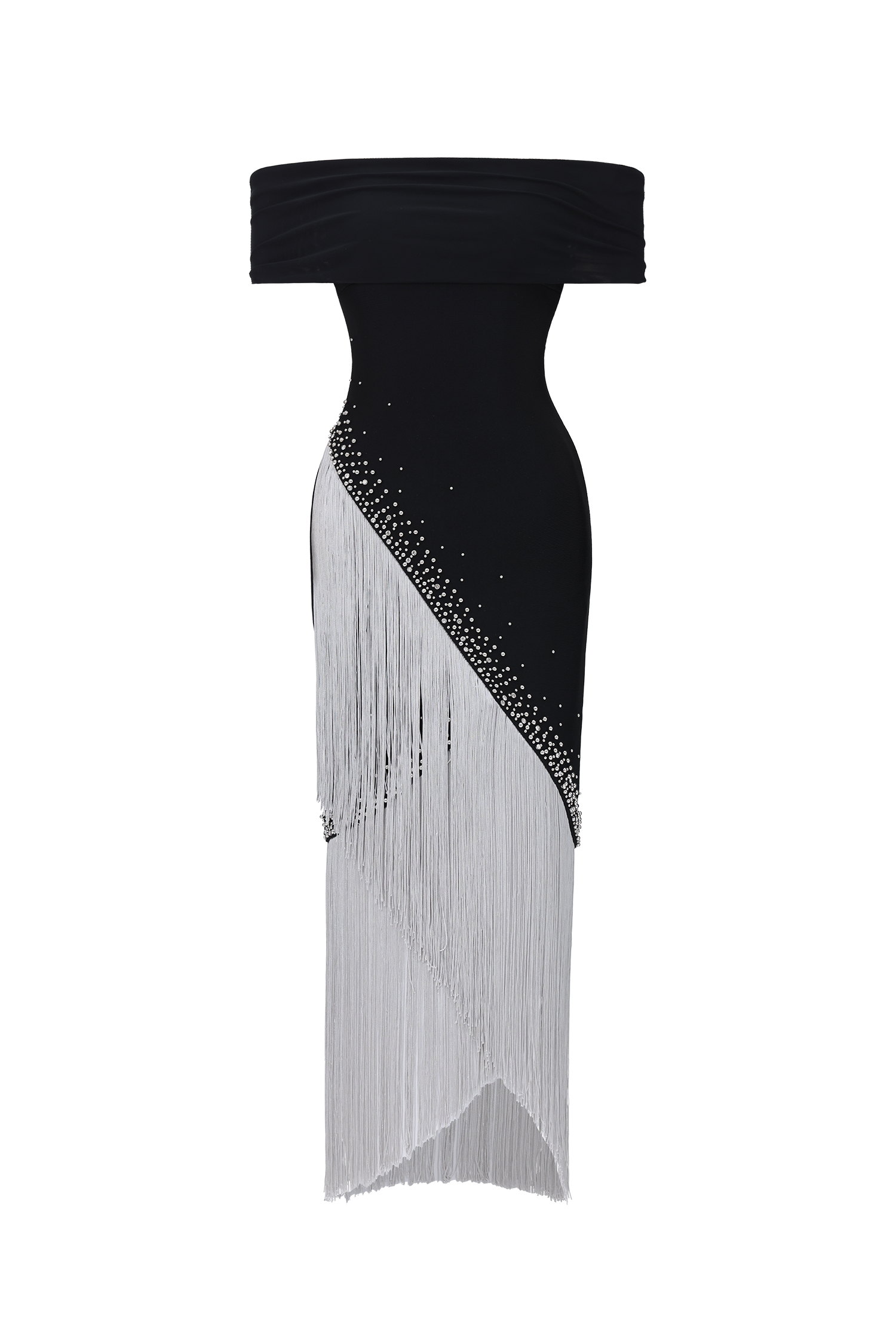 Tata Chic Contour Off Shoulder Fringe Bandage Maxi Dress