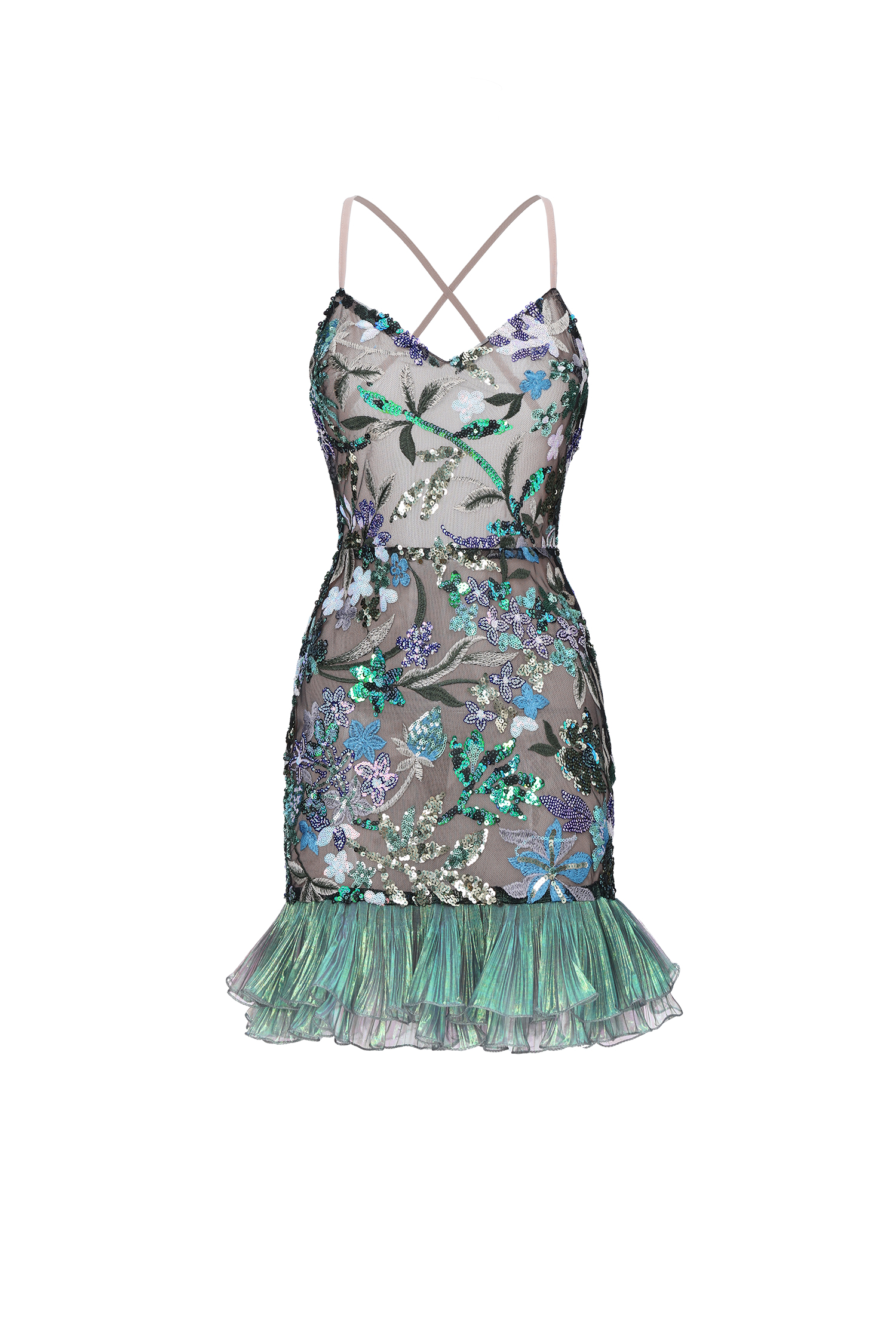 Olpa Chic Contour Tiered Ruffle Floral Sequin Green Mini Dress