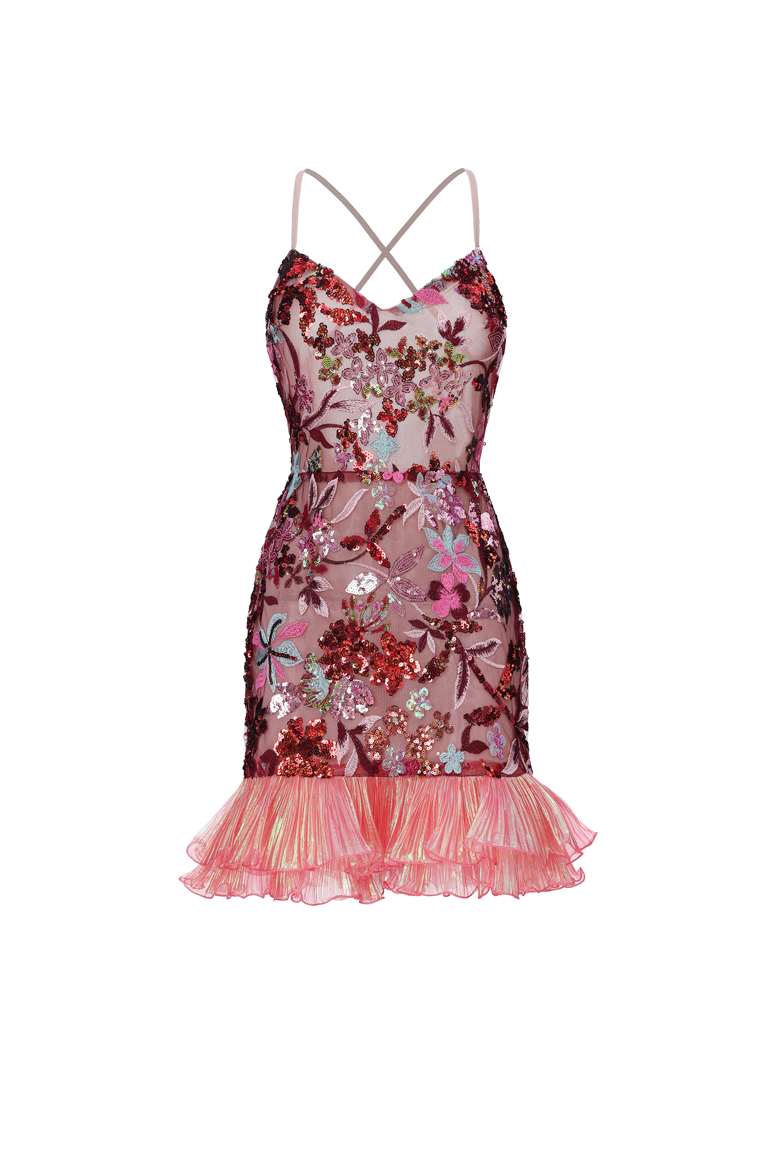 Olpa Chic Contour Tiered Ruffle Floral Sequin Pink Mini Dress
