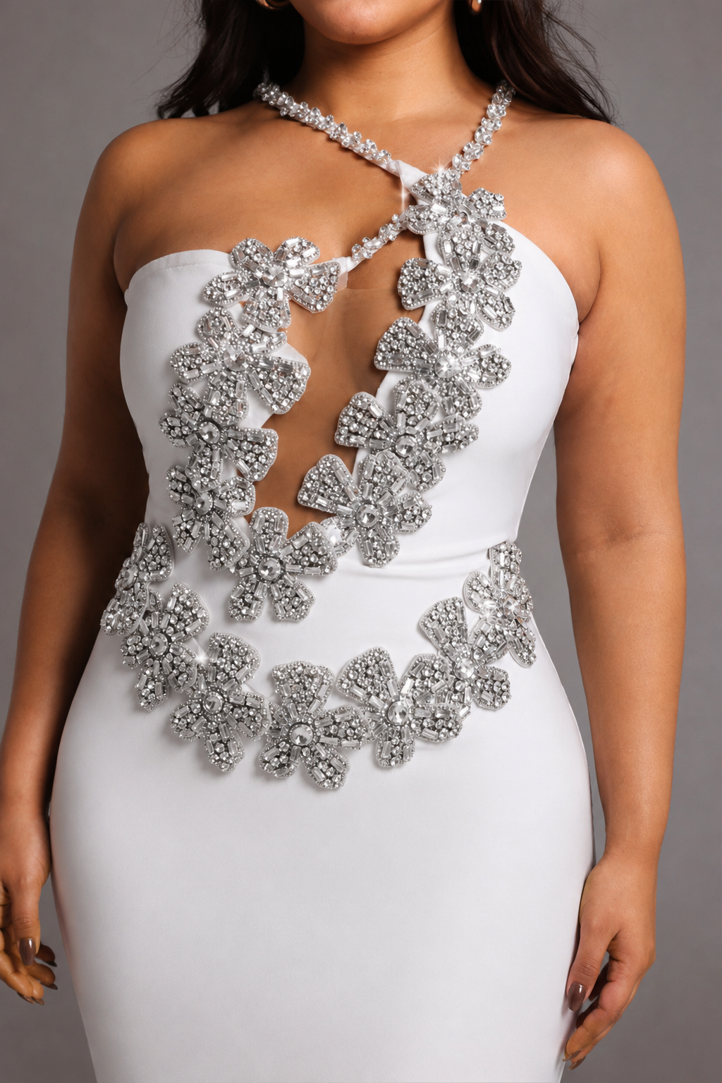 Veronic Glamorous Contour Halter Cut Out Rhinestone Floral Bandage Maxi Dress