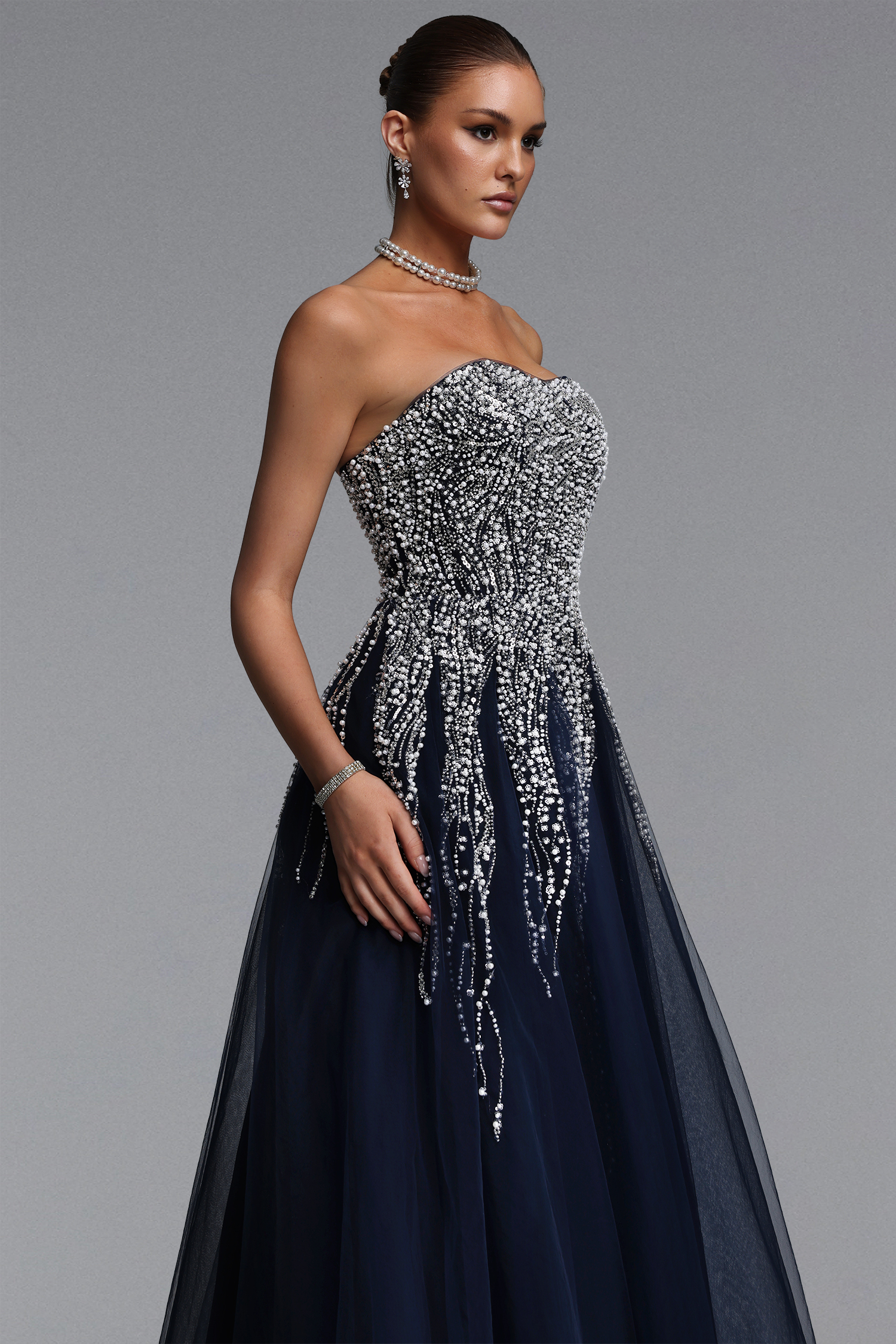 Soloma Glamorous Flowy Strapless Embellished Tulle Maxi Dress