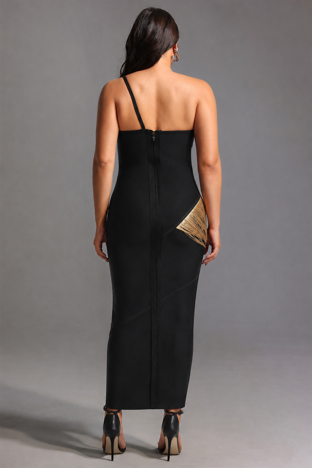 Roanna One Shoulder Sleeveless Golden Tassels Bandage Maxi Dress