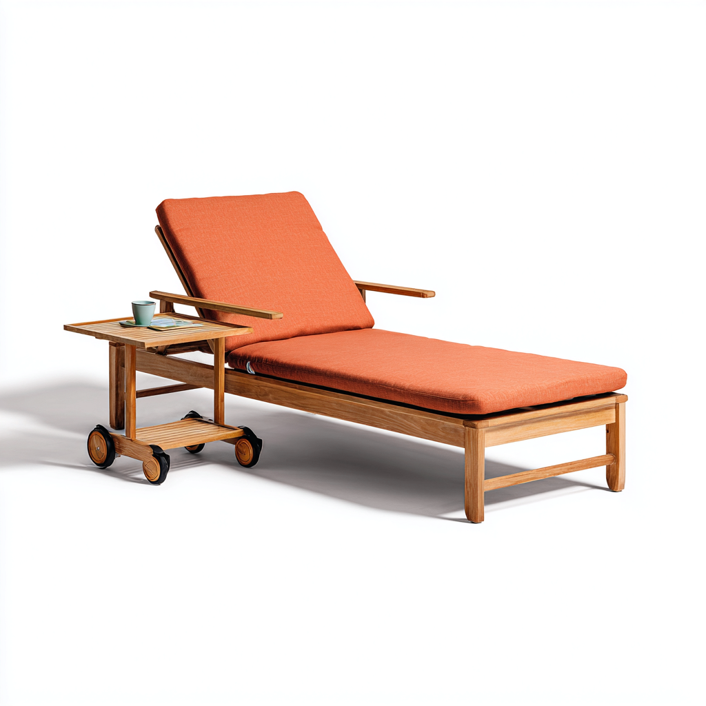 Tumbona de jardín madera de teca 202x71x36 cm naranja uso exterior con carrito auxiliar y reposabrazos - diseño moderno-Zamiiacorner