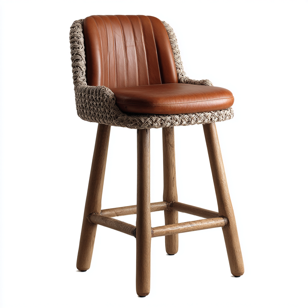 Taburete de bar cuero y ratán 48x48x98 cm marrón para comedor diseño moderno-Zamiiacorner