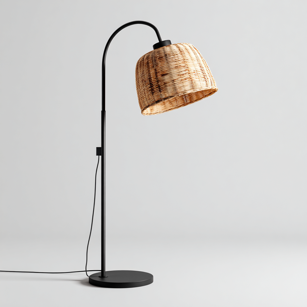 Lámpara de pie metal - mimbre 150x30 cm - natural - negro - para salón - dormitorio - diseño moderno-Zamiiacorner