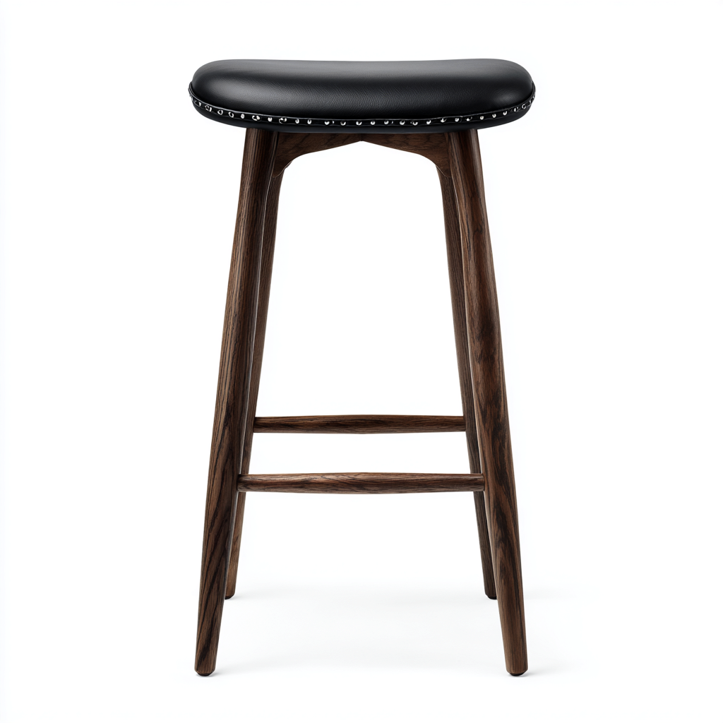 Taburete de bar madera oscura 40x36x78 cm asiento negro efecto piel con remaches para comedor diseño industrial-Zamiiacorner