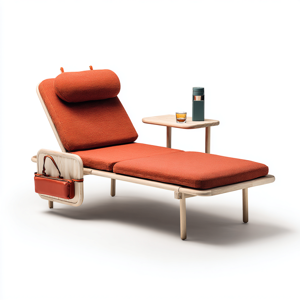 Tumbona de jardín madera clara 198x65x34 cm naranja uso exterior con mesa lateral y bolsillo lateral - diseño moderno-Zamiiacorner