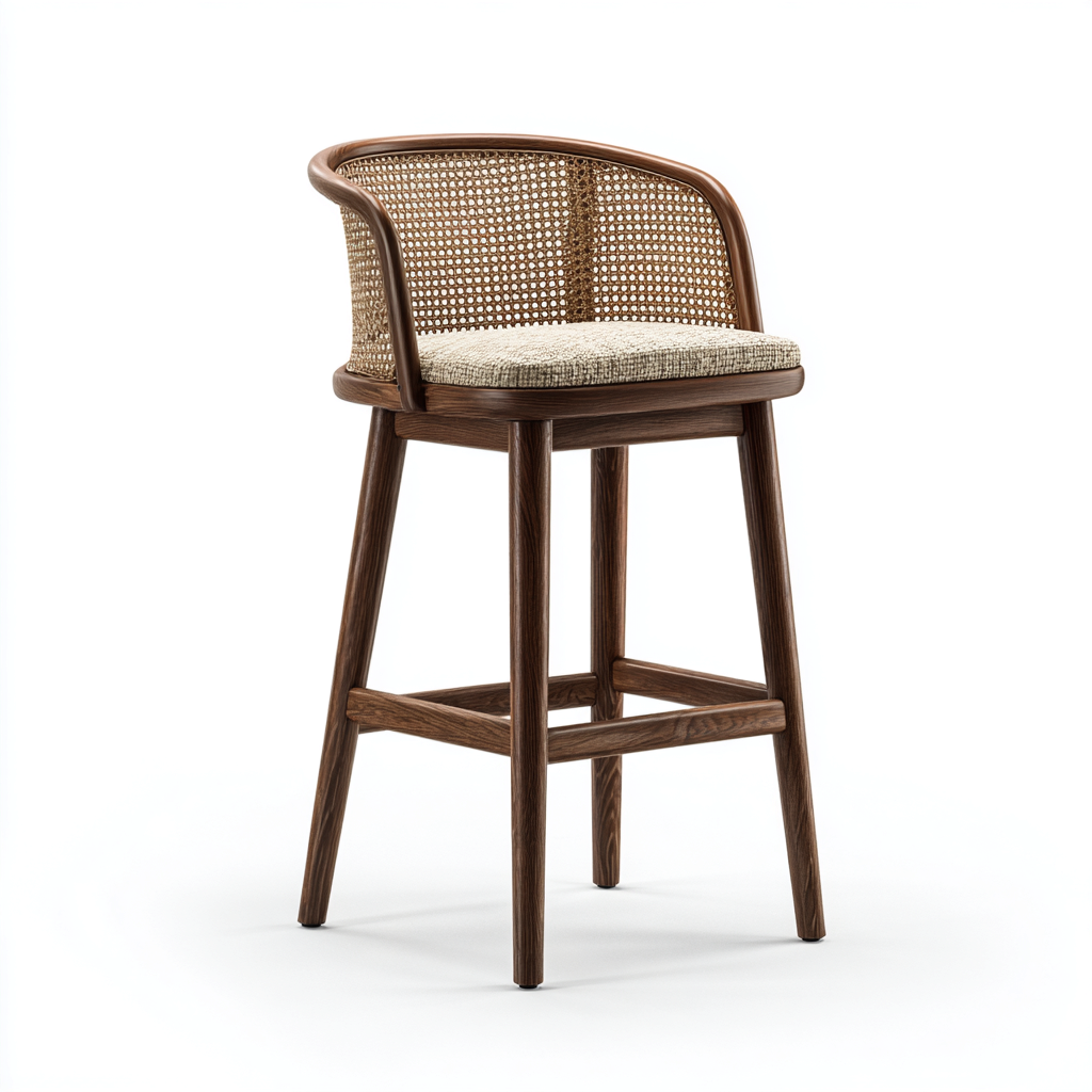 Taburete de bar madera y ratán con cojín 45x46x95 cm color beige - comedor estilo nórdico-Zamiiacorner