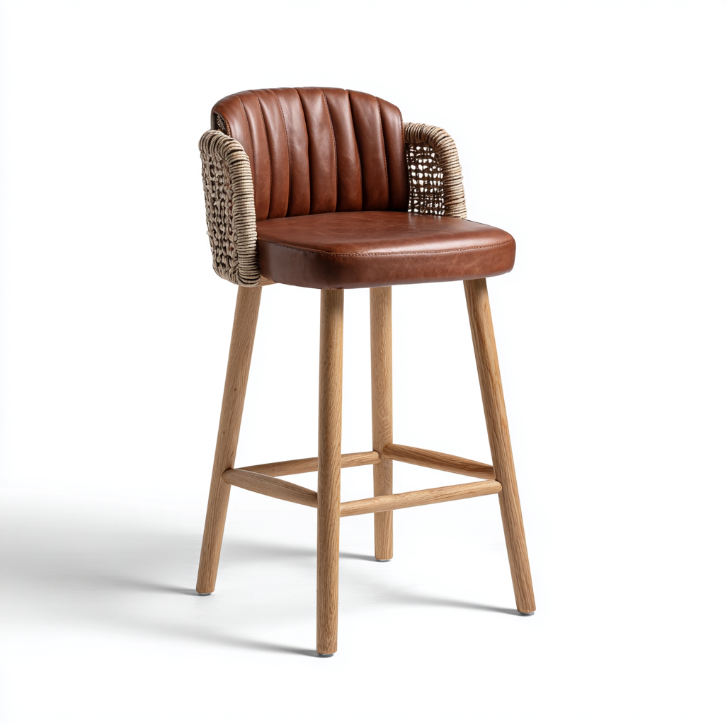 Taburete de bar cuero y ratán 48x48x98 cm marrón para comedor diseño moderno-Zamiiacorner