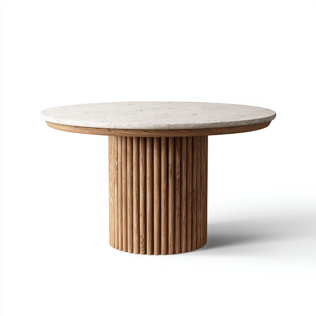 Mesa de comedor de madera y piedra 130x130x76 cm beige - roble diseño moderno apta para comedor-Zamiiacorner