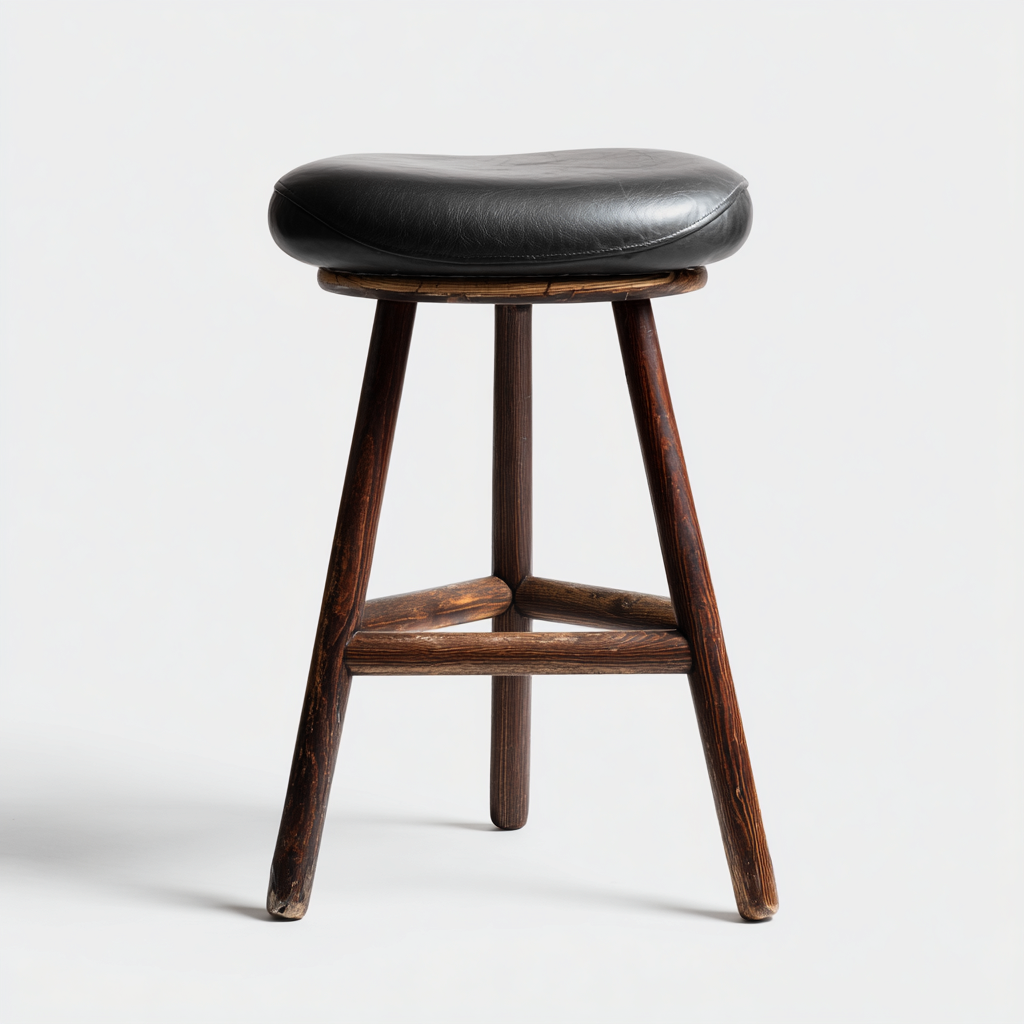 Taburete de bar madera envejecida 38x38x70 cm asiento redondo negro efecto piel para comedor diseño industrial-Zamiiacorner