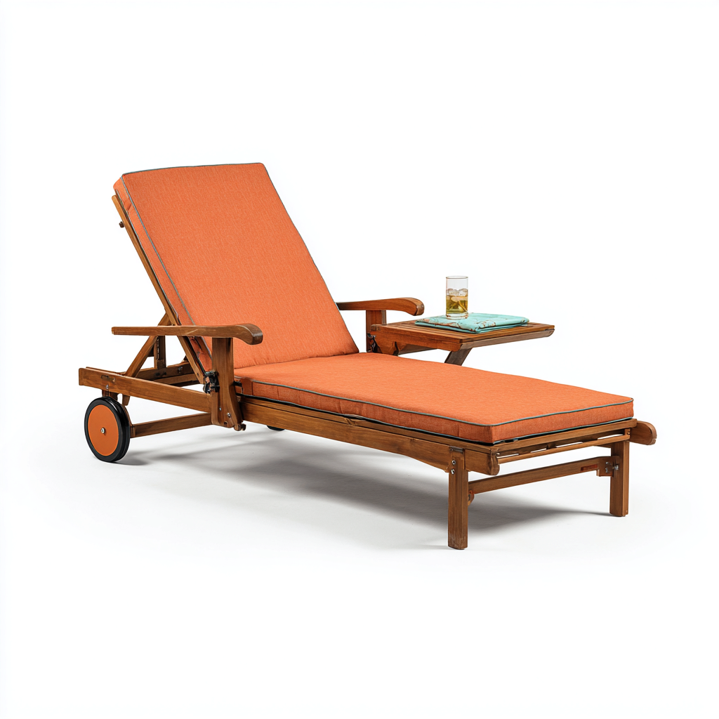 Tumbona de jardín madera de teca 201x70x36 cm naranja uso exterior con mesa lateral ruedas y reposabrazos - diseño moderno-Zamiiacorner