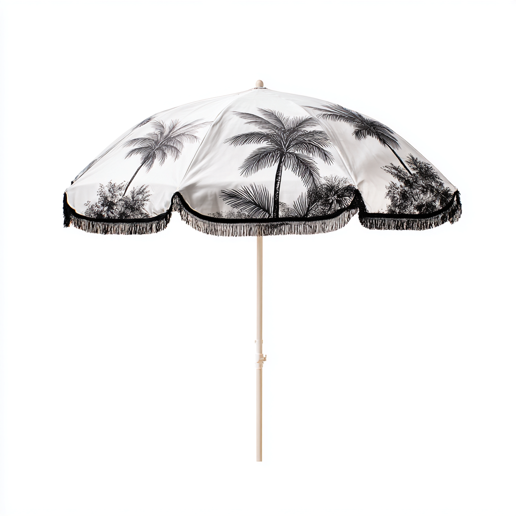 Sombrilla de jardín tejido 180x180x225 cm blanco estampado palmeras con flecos apto para exterior diseño moderno-Zamiiacorner