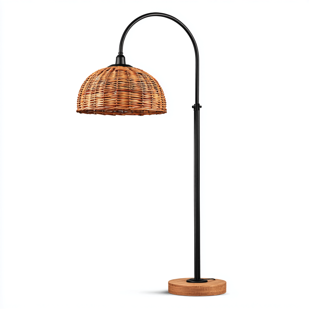Lámpara de pie metal - mimbre 150x34 cm - natural - negro - para salón - dormitorio - diseño moderno-Zamiiacorner