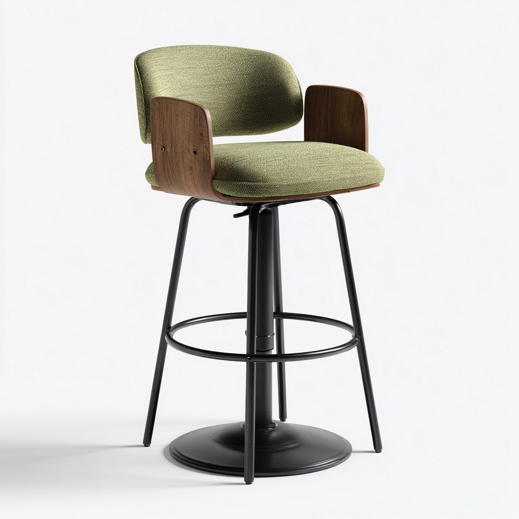 Taburete de bar metal madera 49x47x103 cm tapizado verde con brazos para comedor diseño industrial-Zamiiacorner