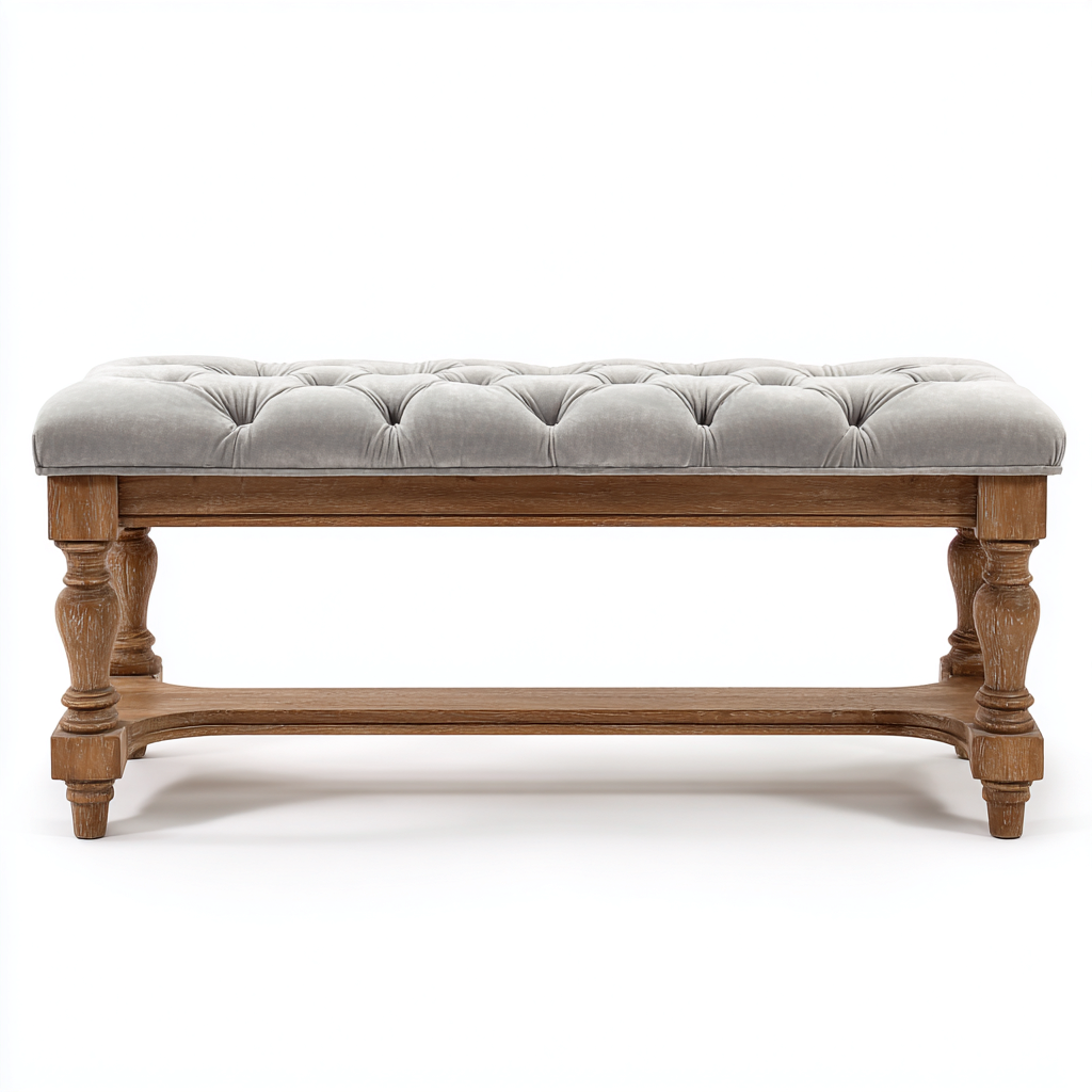 Banco de dormitorio tapizado 118x42x47 cm - gris claro - madera - diseño clásico tallado - apta para dormitorio-Zamiiacorner
