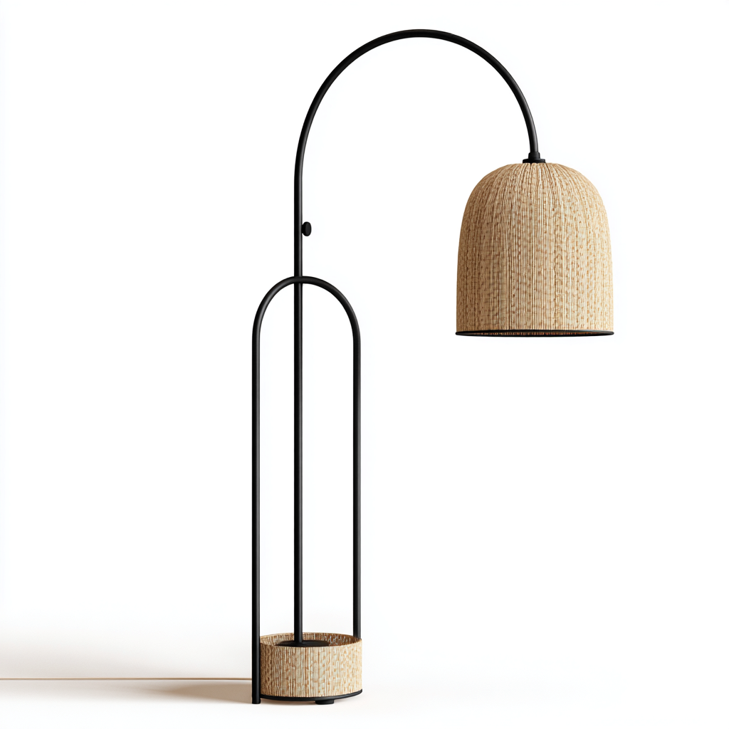 Lámpara de pie metal - mimbre 150x32 cm - natural - negro - para salón - dormitorio - diseño moderno-Zamiiacorner
