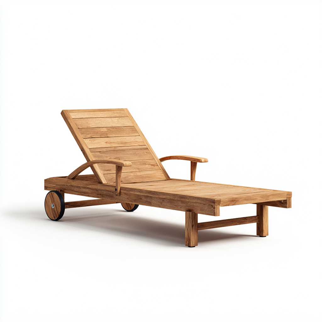 Tumbona de jardín madera de teca 200x70x35 cm natural uso exterior con ruedas y reposabrazos - diseño moderno-Zamiiacorner