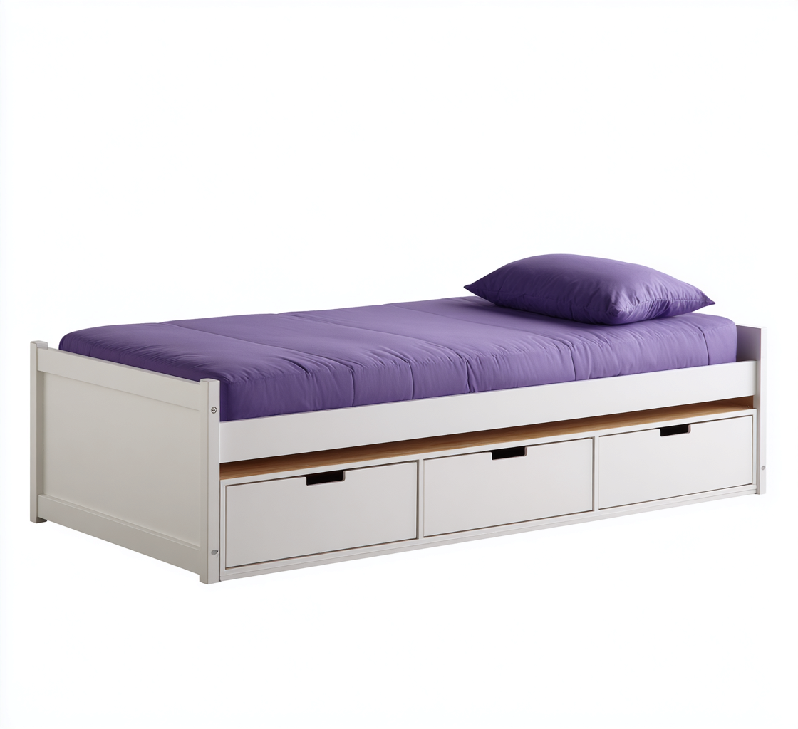 Cama individual con cajones 200x100x70 cm madera color blanco para dormitorio diseño moderno-Zamiiacorner