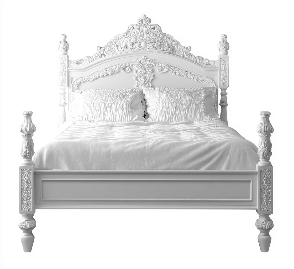 Cama matrimonial de madera tallada 200x180x150 cm - blanco - diseño clásico - apta para dormitorio-Zamiiacorner