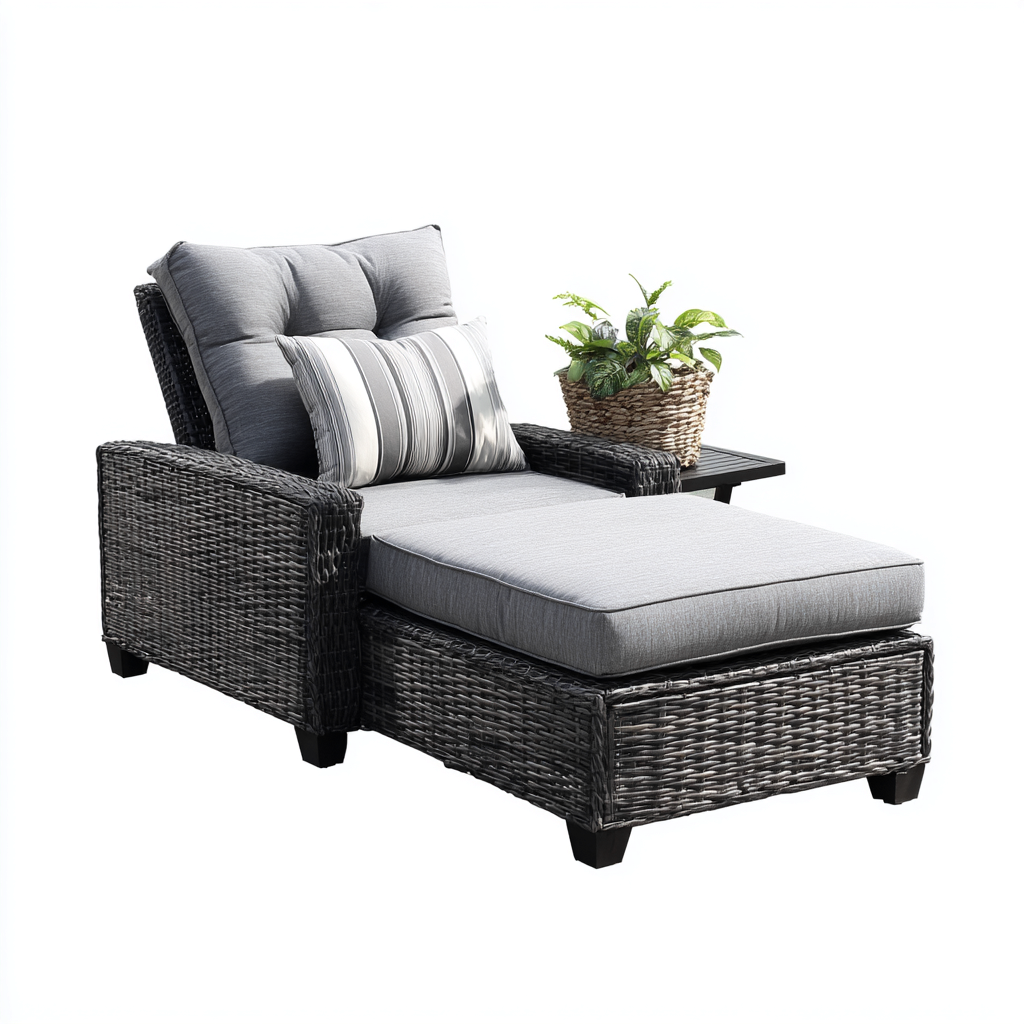 Tumbona de jardín ratán sintético 162x80x92 cm gris uso exterior con mesa lateral - diseño moderno-Zamiiacorner
