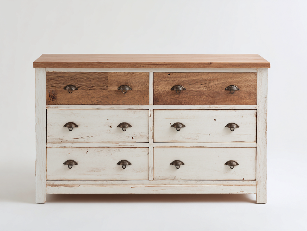 Kommode mit Schubladen Holz 130x45x82 cm - Weiß-Naturholz - Landhaus Design für Schlafzimmer-Jalenrastudio
