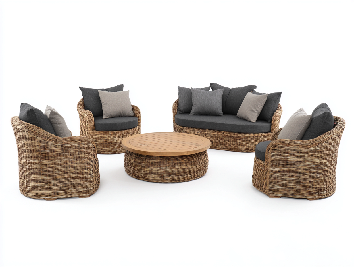 Gartensofa Set Polyrattan Holz 185x85x78 cm - Naturbraun-Grau - 5-teiliges Lounge Design-Jalenrastudio