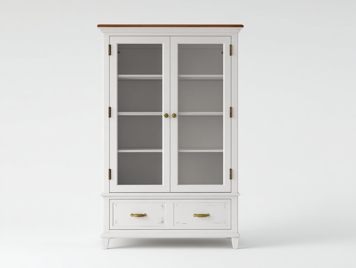 Vitrinen Holzwerkstoff Glas 105x42x190 cm - Weiß-Braun-Gold - Landhausstil-Jalenrastudio
