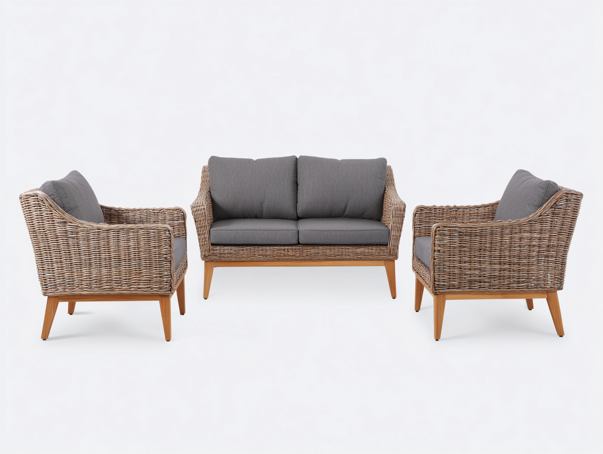 Gartensofa Polyrattan Holzbeine 178x76x78 cm - Natur-Grau - für Terrasse und Garten-Jalenrastudio