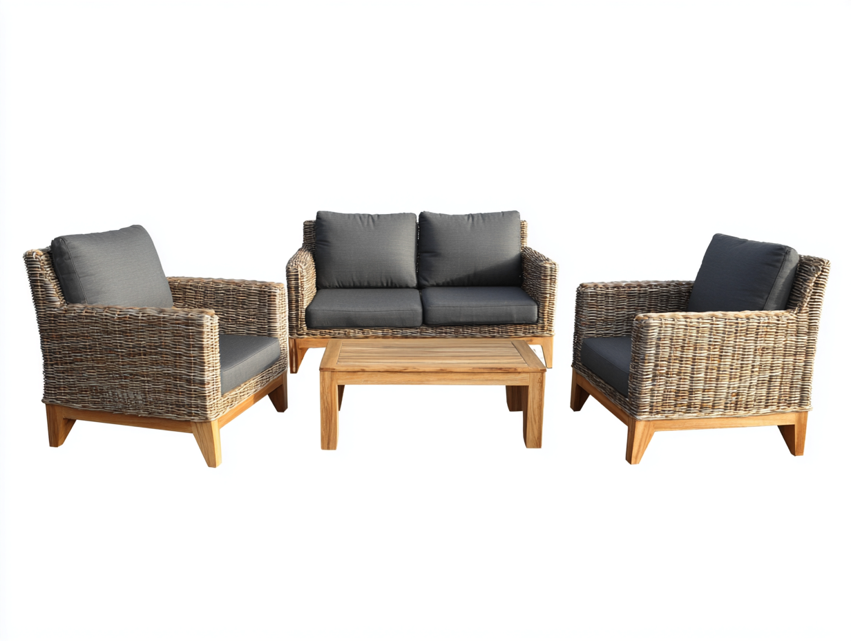 Gartensofa Set Polyrattan Holz 160x75x78 cm - Naturbraun-Grau - 4-teiliges Lounge Design-Jalenrastudio