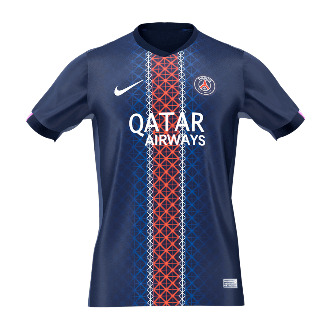 PSG Hjemmedrakt 2025/26 – Mørkeblå, rød og hvit, Geometrisk gittermønster i en vertikal stripe på en mørkeblå base