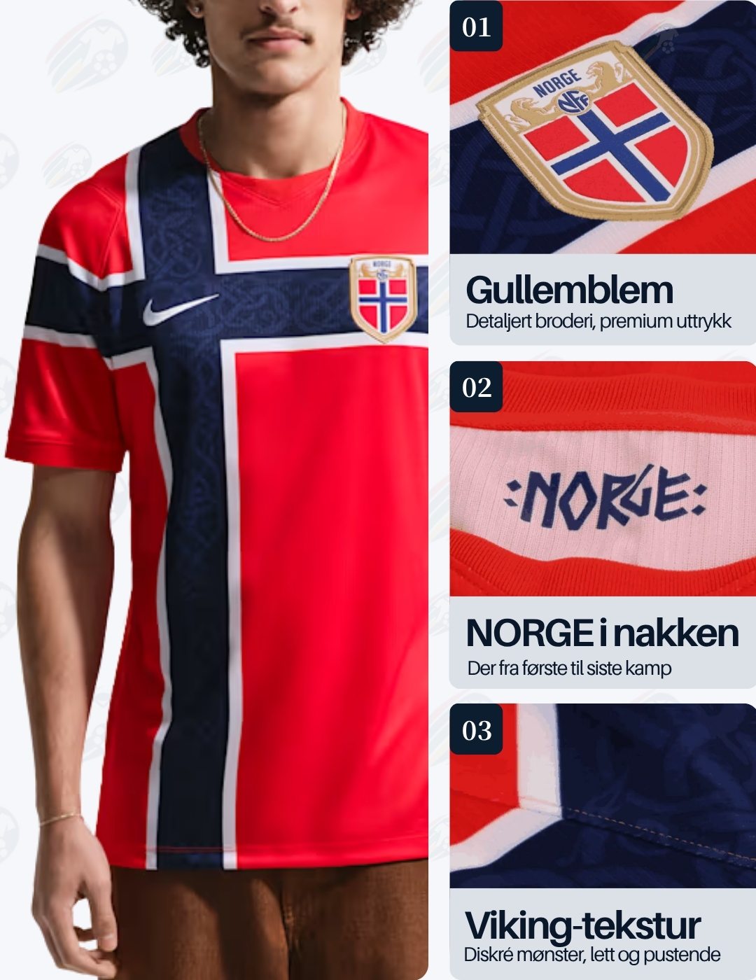 Norge Hjemmedrakt VM 2026 (Supporterversjon) – Rød, hvit og mørkeblå, Sublimasjonstrykk som former et stort nordisk kors