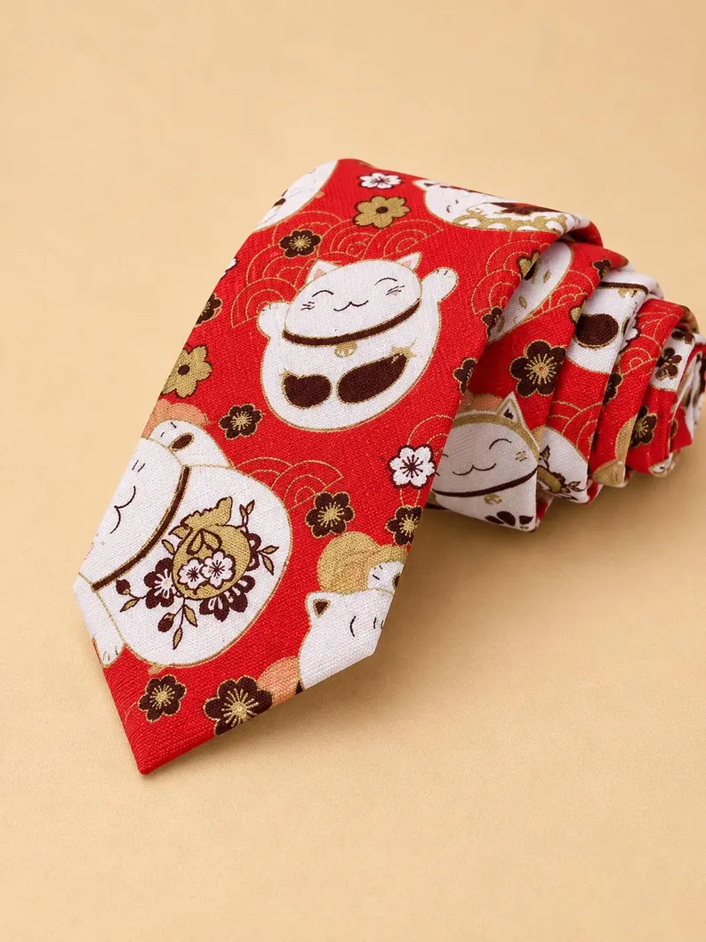 Red Lucky Cat Necktie – Japanese-Inspired Statement Tie for Weddings & Formal Wear