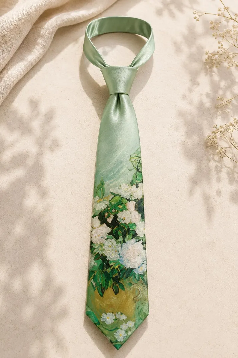 Artistic White Floral Necktie – Elegant Botanical Statement Tie for Formal Wear