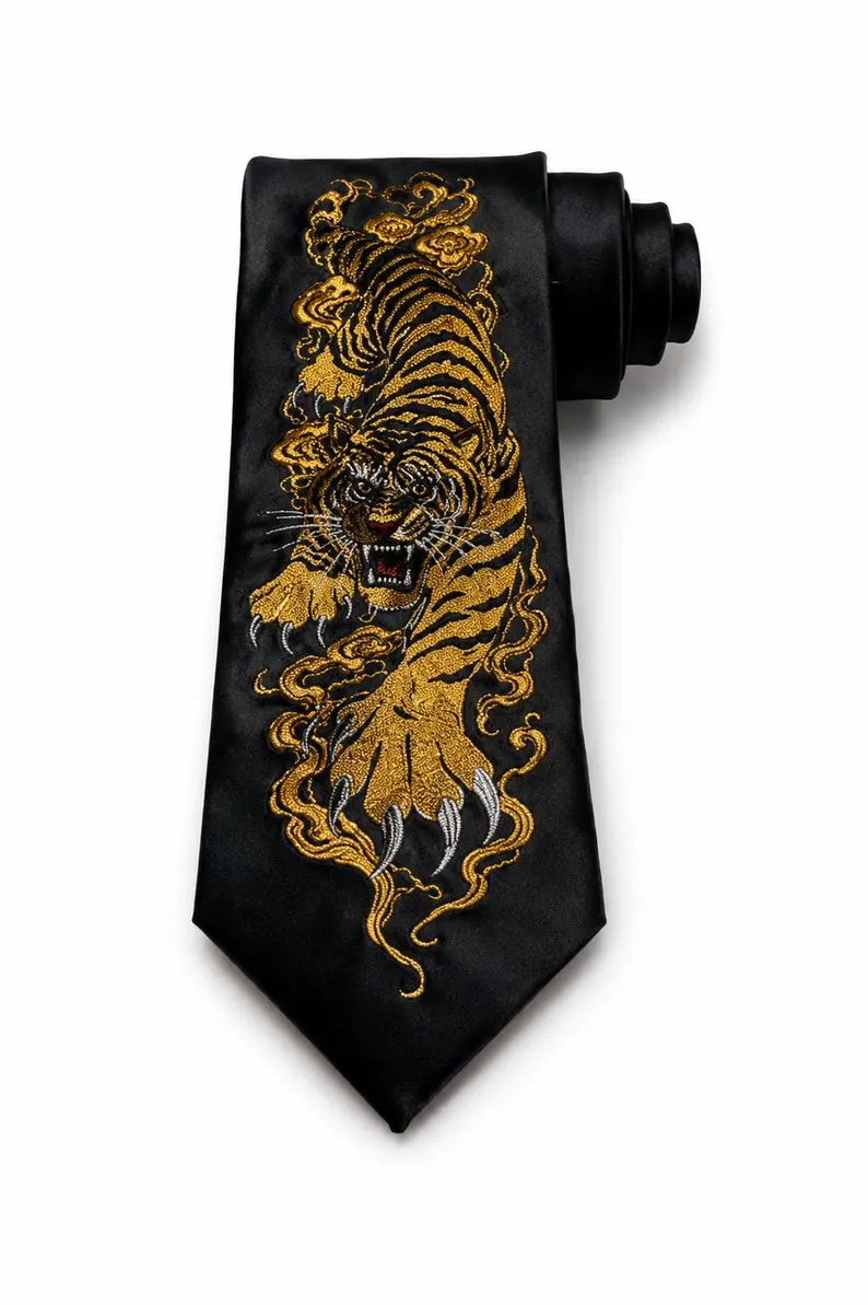 Embroidered Tiger Necktie – Black & Gold Statement Tie for Weddings & Formal Wear