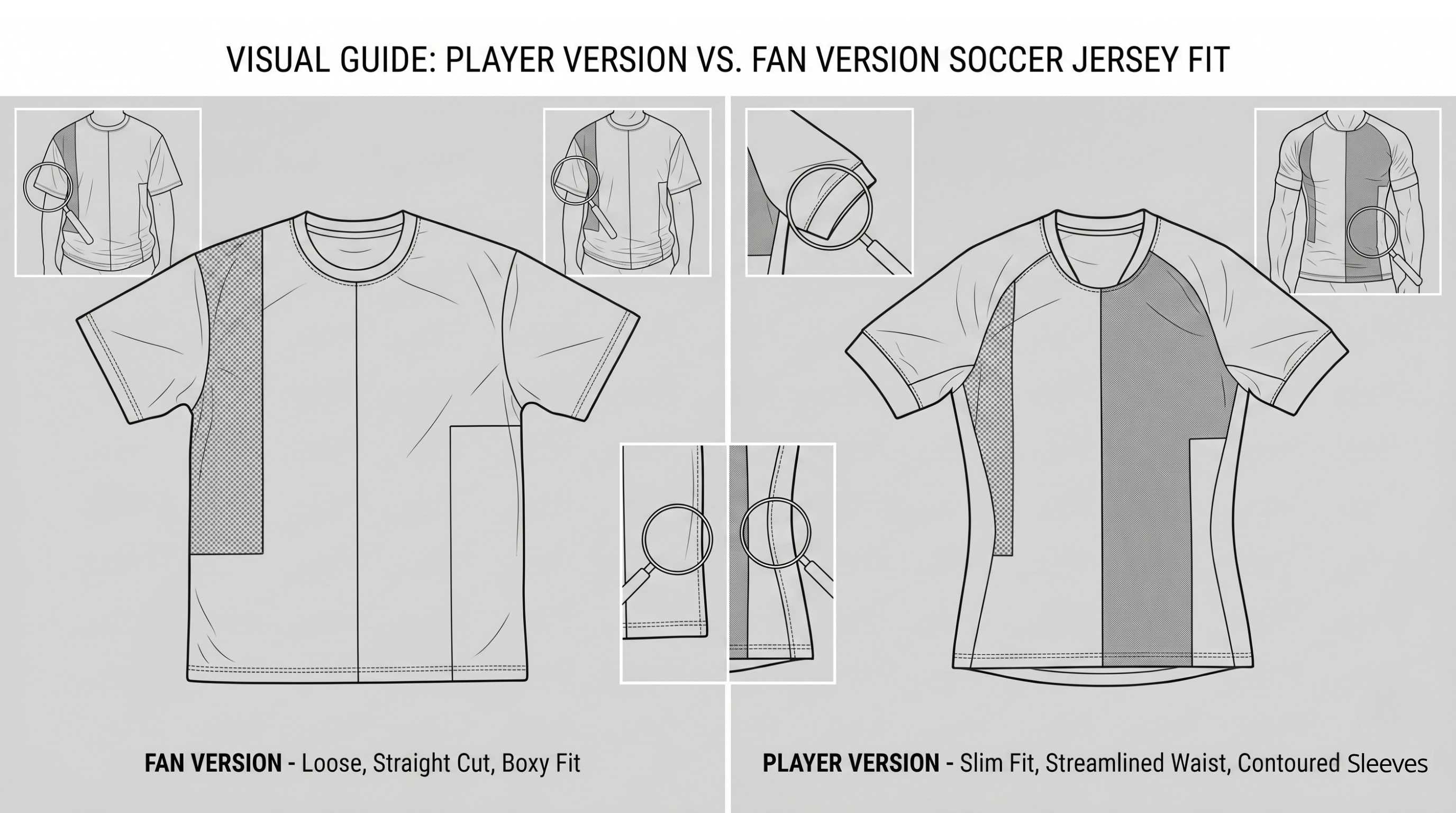 Comparison of Fan Edition Loose Cut and Player Version Slim Fit Soccer Jersey Short Sleeve
