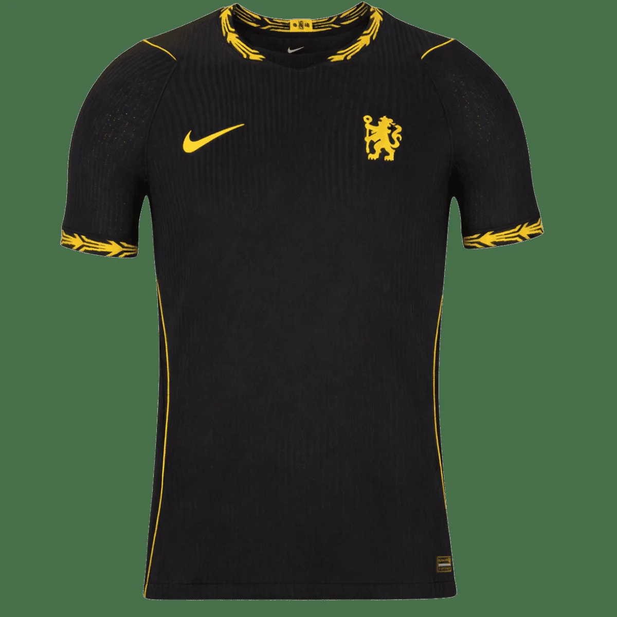 Black Chelsea 2026/27 away soccer jersey with gold details on a plain background