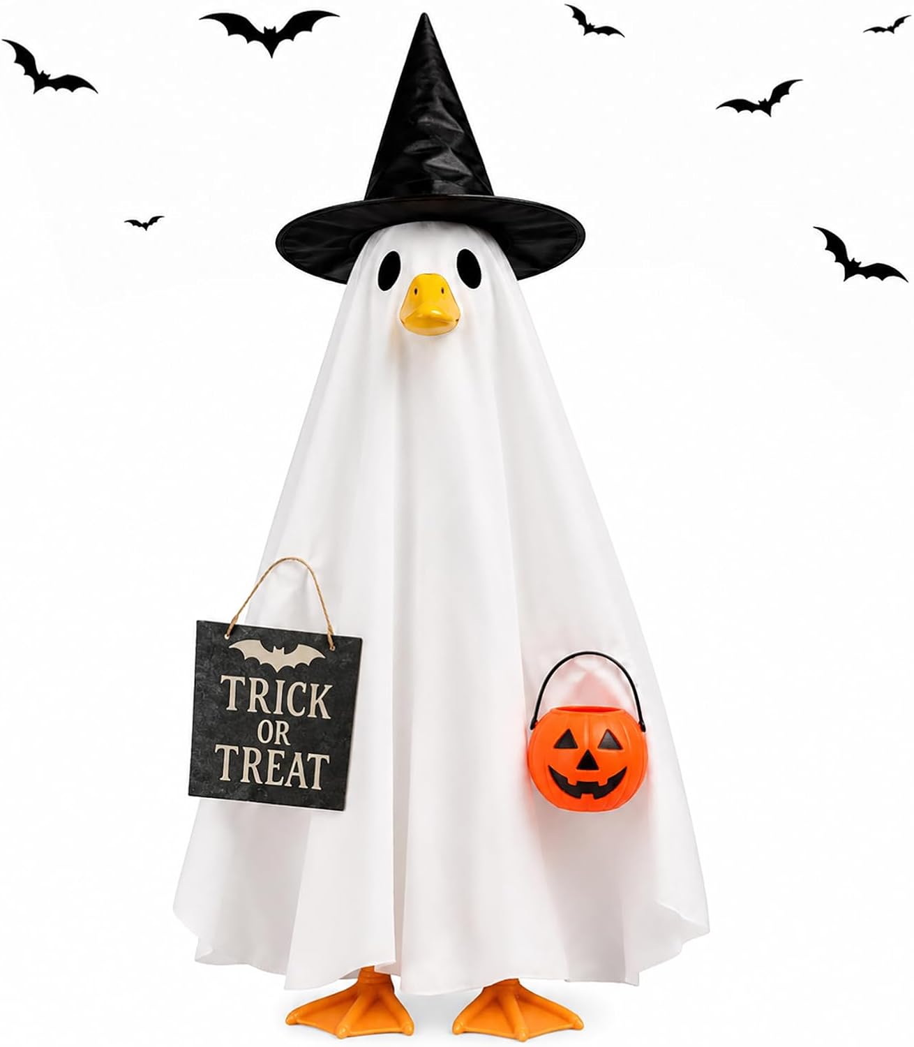 Halloween Porch Goose Outfits Ghost Costume with Witch Hat & Pumpkin Bag