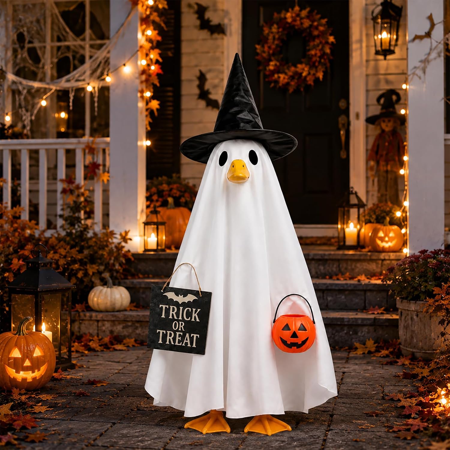 Halloween Porch Goose Outfits Ghost Costume with Witch Hat & Pumpkin Bag