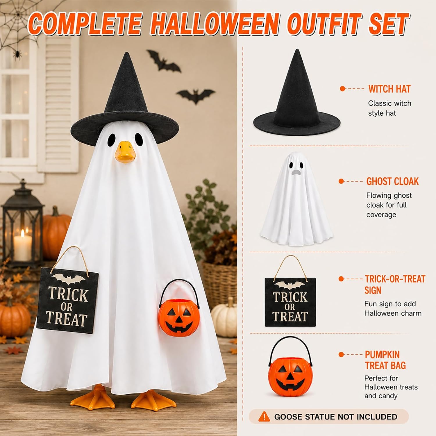 Halloween Porch Goose Outfits Ghost Costume with Witch Hat & Pumpkin Bag